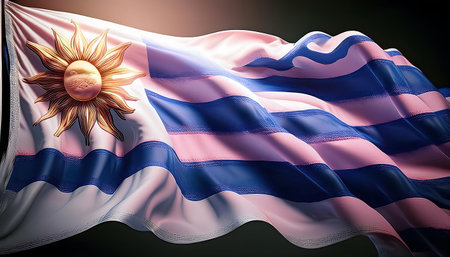 3d rendering of an Uruguay flag waving on a dark background.の素材