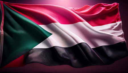 Sudan waving flag on dark background. 3D illustration.の素材