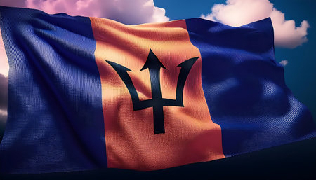 Flag of Barbados waving in the wind against blue sky with cloudsの素材