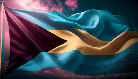 Bahamas Flag on Flagpole in Front of Blue Sky Background. 3D Rendering.の素材