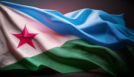waving Djibouti flag on dark background close-upの素材