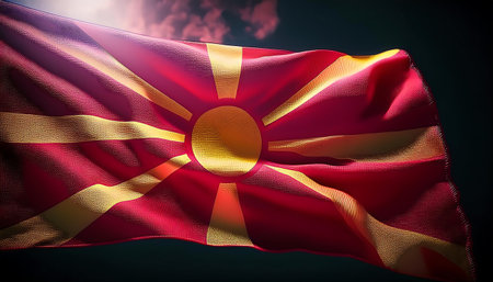 Macedonia waving flag against dark sky with clouds 3D illustrationの素材