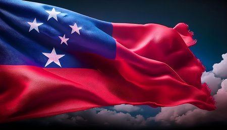3d rendering of Samoa waving flag against dark blue sky with cloudsの素材