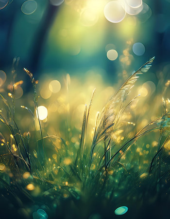 Beautiful spring grass background with bokeh defocused lights.の素材