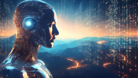 3d rendering of cyborg head and binary code on blue backgroundの素材