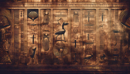 Egyptian hieroglyphs on a wooden background. 3d renderingの素材