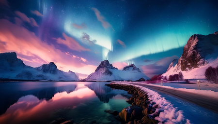 Fantastic winter landscape with snow-capped mountains and Aurora Borealisの素材