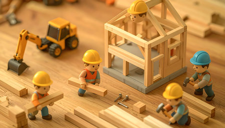 Miniature construction workers building a wooden house. 3D illustration.の素材
