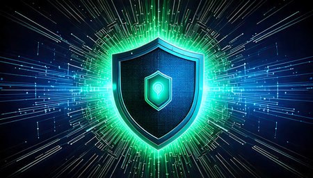 Protection shield on abstract background. Cyber security concept. 3D Renderingの素材