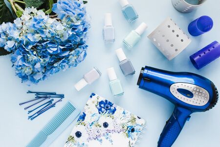 Blue monochrome set of hair and nails accessoriesの写真素材