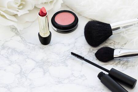Fashion make up products in a white fur textureの写真素材