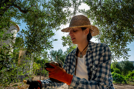 Fenced portrait of young Latin woman in straw hat and blue plaid shirt peeling onion in the shade of an olive treeの写真素材