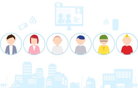 Telework image illustration-illustration set of people and cityscapeのイラスト素材