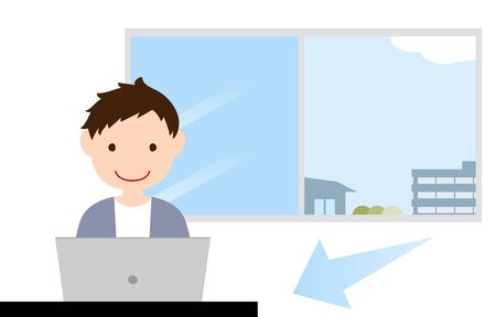 Illustration of a person touching a personal computer while ventilating the roomのイラスト素材