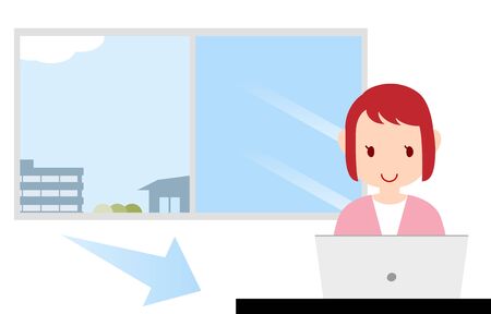 Illustration of a person touching a personal computer while ventilating the roomのイラスト素材