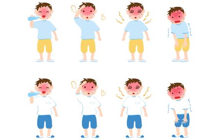 Heat stroke and boy illustration setのイラスト素材