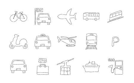Rough handwritten icon set: vector illustration of vehicle systemBlack and white versionのイラスト素材