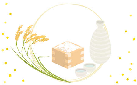 Image illustration of rice, sake, and fresh rice in a rice plant and a pitのイラスト素材