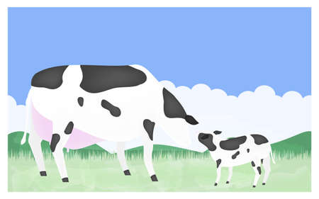 Illustration of a mother and calf giving a greeting on a summer ranchのイラスト素材