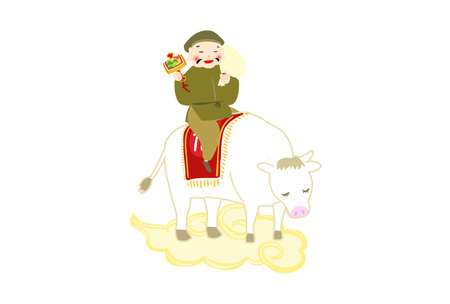 Illustration of white cow and Daikokuten standing in Kinto'unのイラスト素材