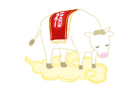 Illustration of a white cow standing in Kinto'un - Translation: fortuneのイラスト素材