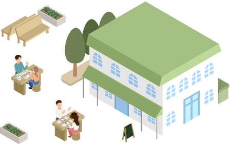 Illustration of men and women dating at a cafe isometricのイラスト素材