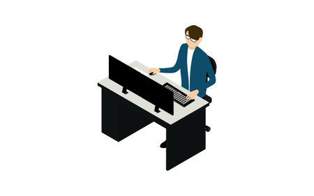 Person who works on a personal computer with dual monitors isometricのイラスト素材