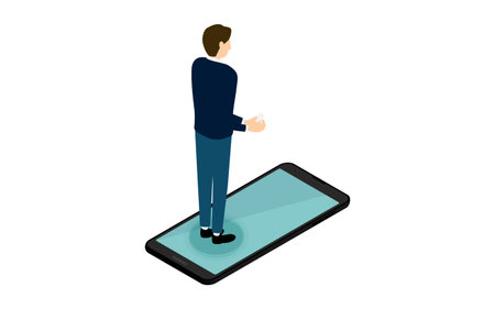 Isometric, a man exchanging business cards onlineのイラスト素材