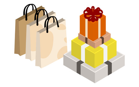 Gift box and shopping bag for presents with isometric, ribbon wrappingのイラスト素材
