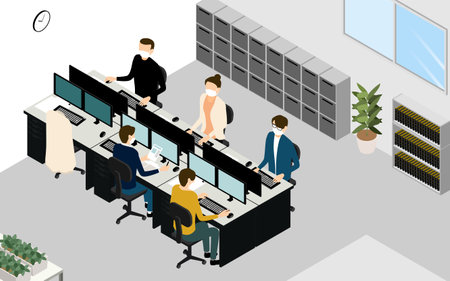 People working in the office wearing isometric masks and ventilatingのイラスト素材