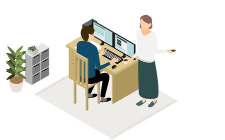Isometric, where the people who work at home to rest his wife and coffee in teleworkのイラスト素材