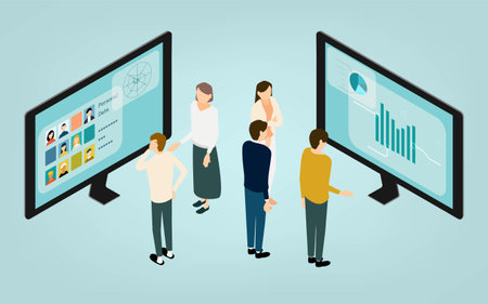 Isometric, image illustrations of people in online meetingsのイラスト素材