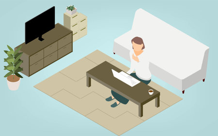 Isometric, people teleworking at the low table in the living roomのイラスト素材