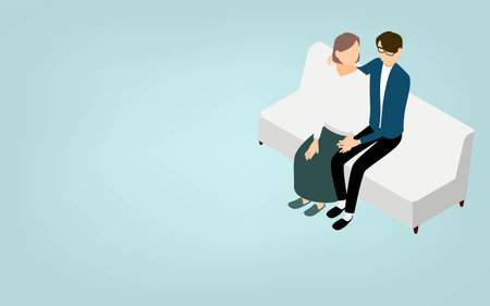Isometric, men and women taking skinships on the sofaのイラスト素材