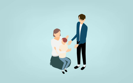 Isometric, family ties, father and mother giving childrenのイラスト素材