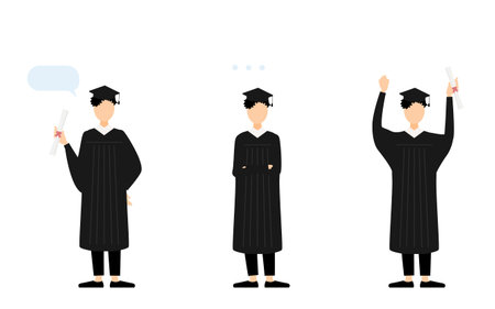 College student in graduation mortarboard and gown, 3 posesのイラスト素材