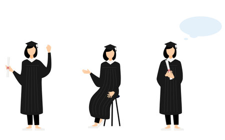 College student in graduation mortarboard and gown, 3 posesのイラスト素材