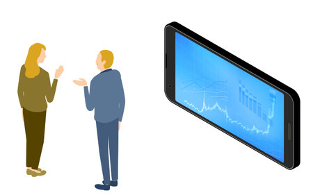Senior men and women talking by looking at the rising chart on the smartphone app, isometric