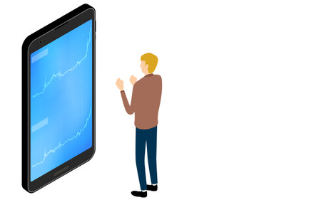 Isometric, a person who is pleased to see the rising chart of stocks on a smartphone app