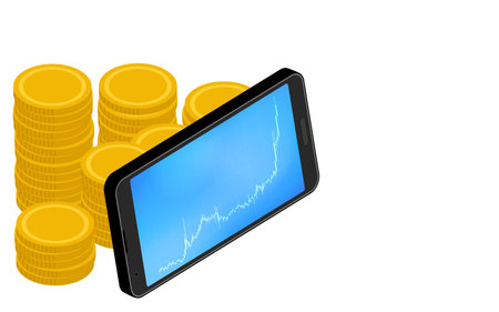 Smartphone screen showing rising chart of virtual currency and virtual currency, isometricのイラスト素材