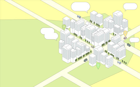 Online popular image, isometric illustration of the building street from a bird's-eye viewのイラスト素材