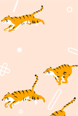 2022 New Year's card, tiger year, four tigers running through and a pattern of symbols -Translation: Happy New Year, thank you again this year.のイラスト素材