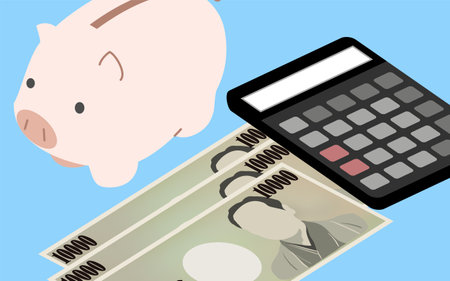 Educational image of money, piggy bank and calculator and cash, isometricのイラスト素材