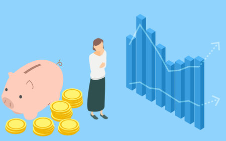 Image of savings and investment, piggy banks and coins of women and pigs worried in front of the graph, isometricのイラスト素材