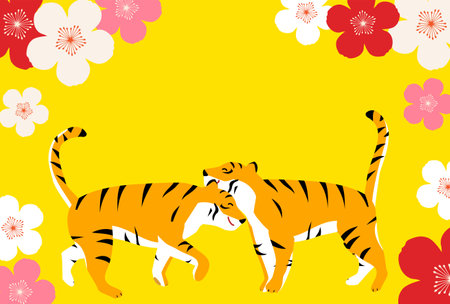 New Year's card with two tigers greeting each other, Year of the Tiger 2022のイラスト素材
