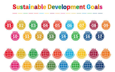 SDGs, a set of labels for development goals in 17 prescribed colors, globe shapeのイラスト素材