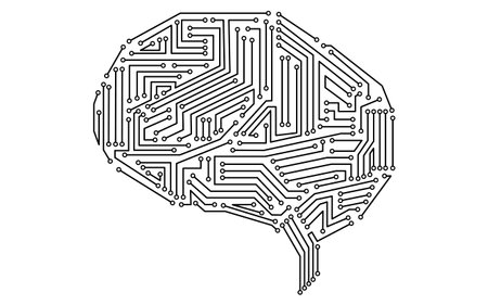 An electronic circuit in the shape of a brain with an image of black and white artificial...