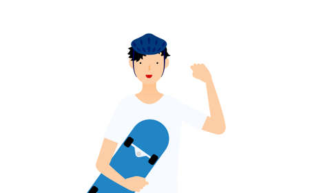 A smiling male skater holding a skateboard and striking a gut punchのイラスト素材