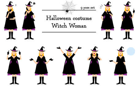 Halloween costume, pose set of a woman in a witch costume - talking, worrying, pointing, etc.のイラスト素材