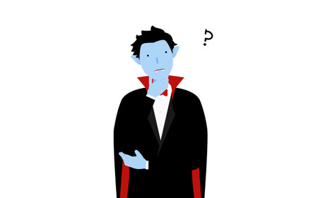 Halloween costume, pose of a man in vampire costume with folded arms in distress.